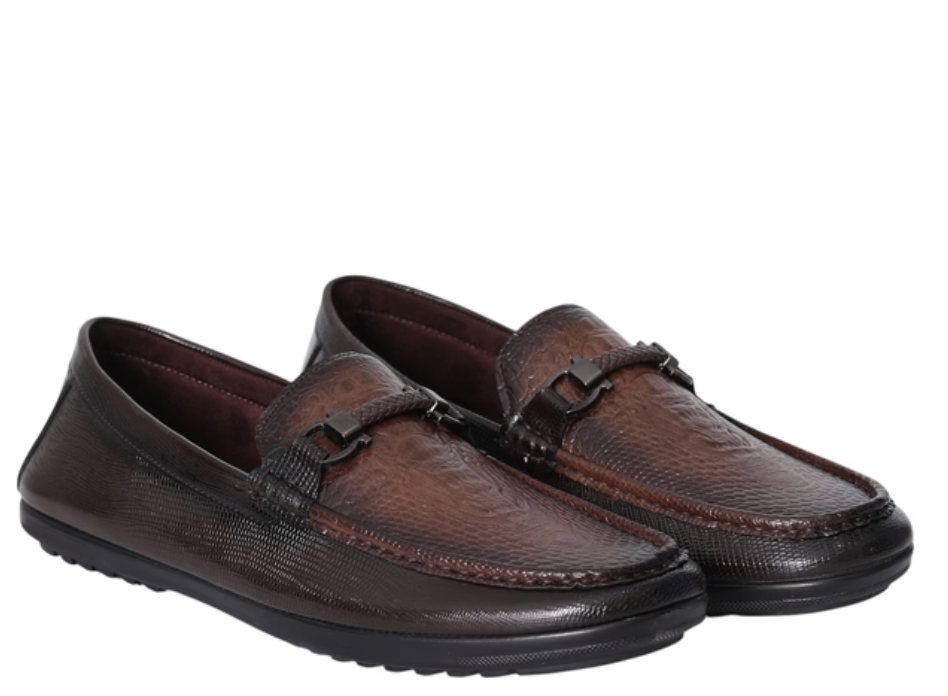 Brown Textured Leather Loafers with Metal Bit Accent