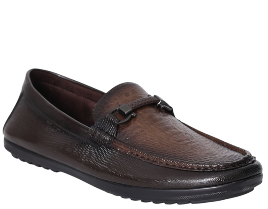 Brown Textured Leather Loafers with Metal Bit Accent